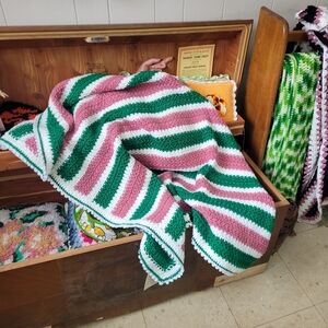 New Striped Pink and Green Crochet Blanket